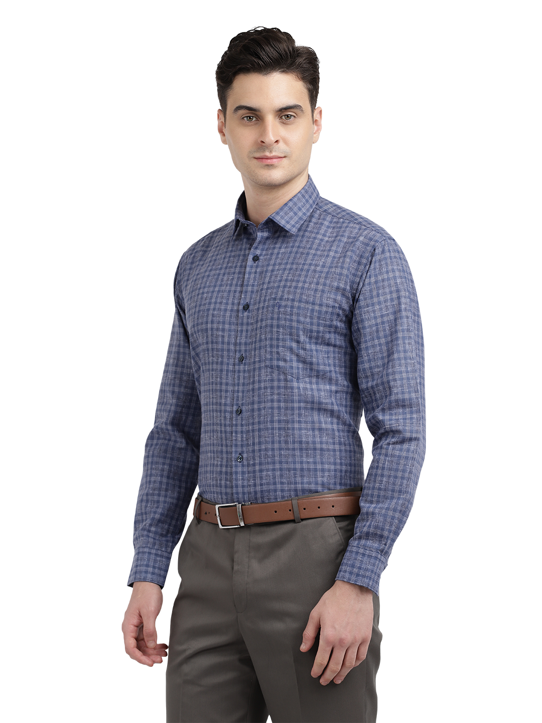 Model wearing Clarke Gable's Navy Checked Formal Shirt in a casual setting