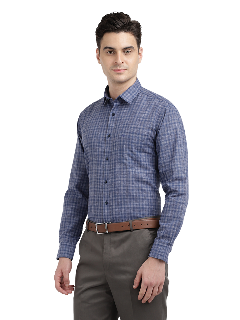 Model wearing Clarke Gable's Navy Checked Formal Shirt in a casual setting