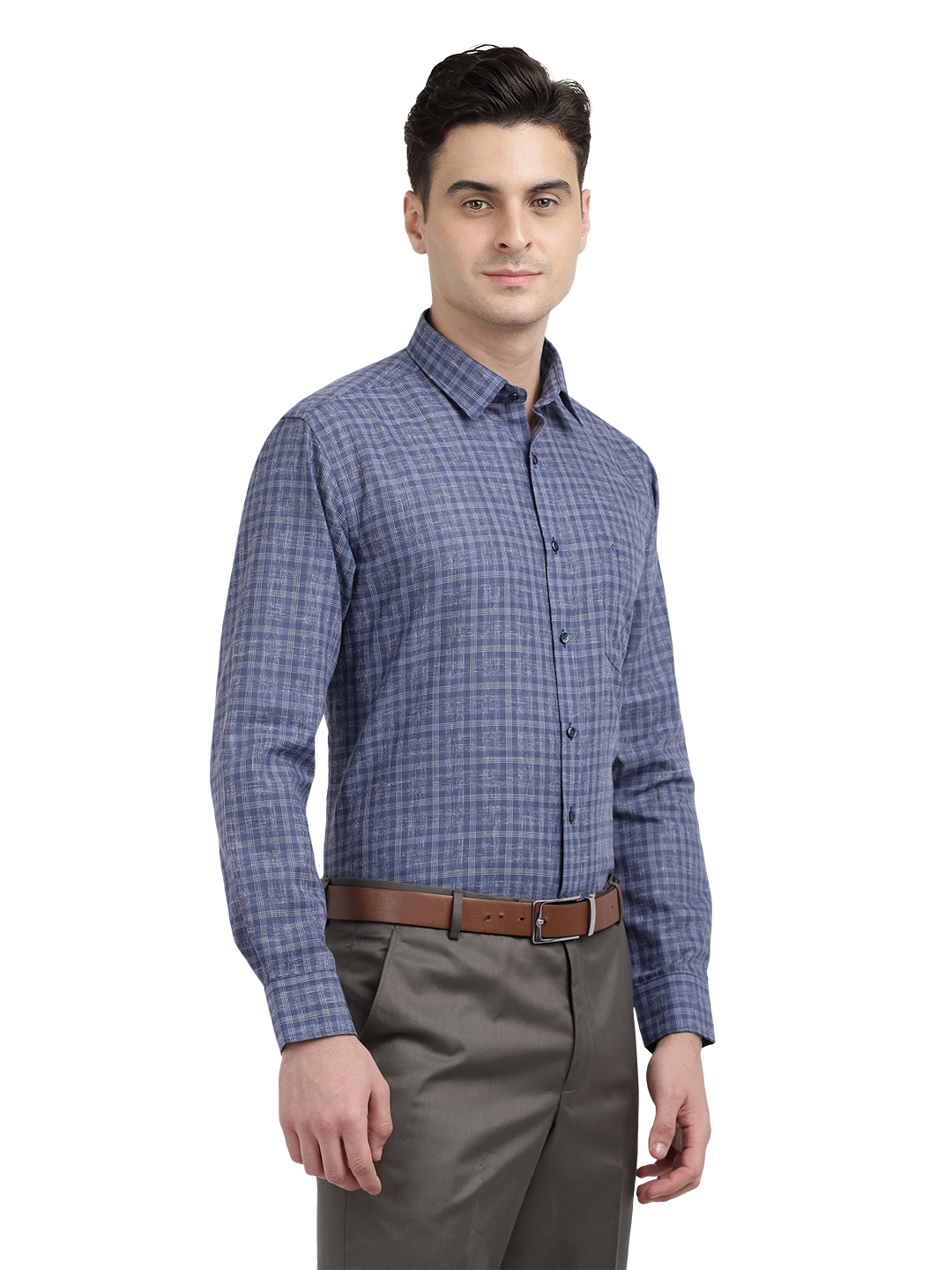 Model wearing Clarke Gable's Navy Checked Formal Shirt in a casual setting