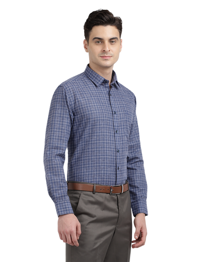 Model wearing Clarke Gable's Navy Checked Formal Shirt in a casual setting