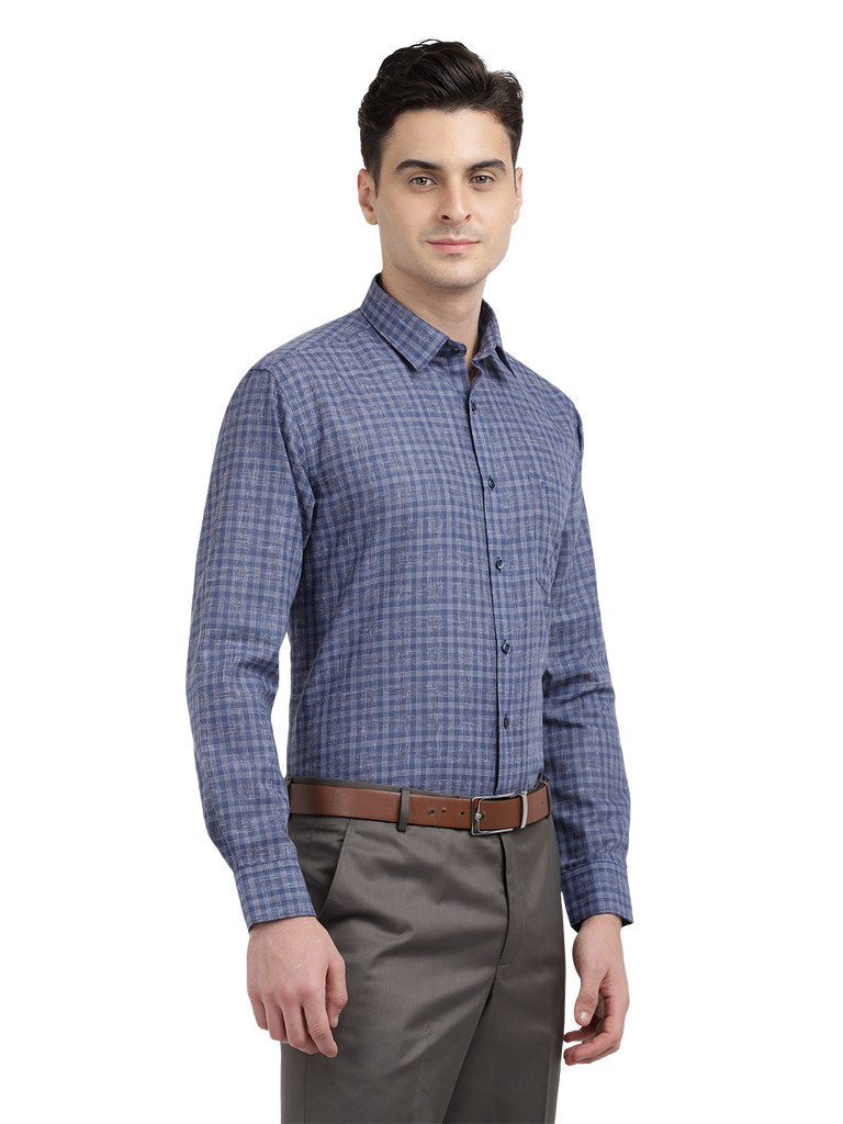 Model wearing Clarke Gable's Navy Checked Formal Shirt in a casual setting