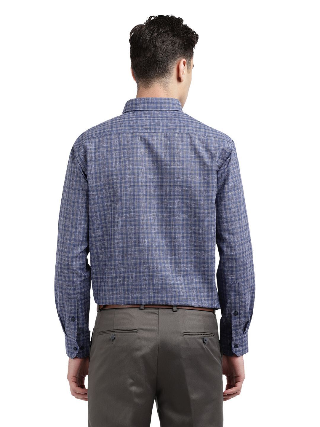 Model wearing Clarke Gable's Navy Checked Formal Shirt in a casual setting