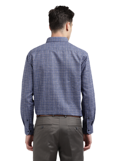 Model wearing Clarke Gable's Navy Checked Formal Shirt in a casual setting