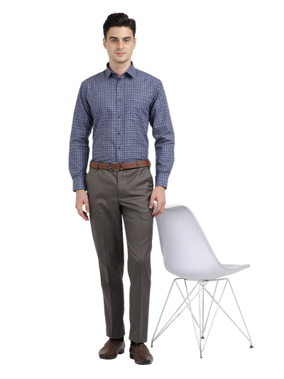 Model wearing Clarke Gable's Navy Checked Formal Shirt in a casual setting