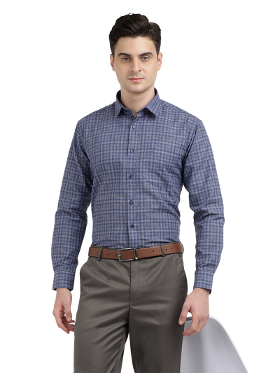 Model wearing Clarke Gable's Navy Checked Formal Shirt in a casual setting