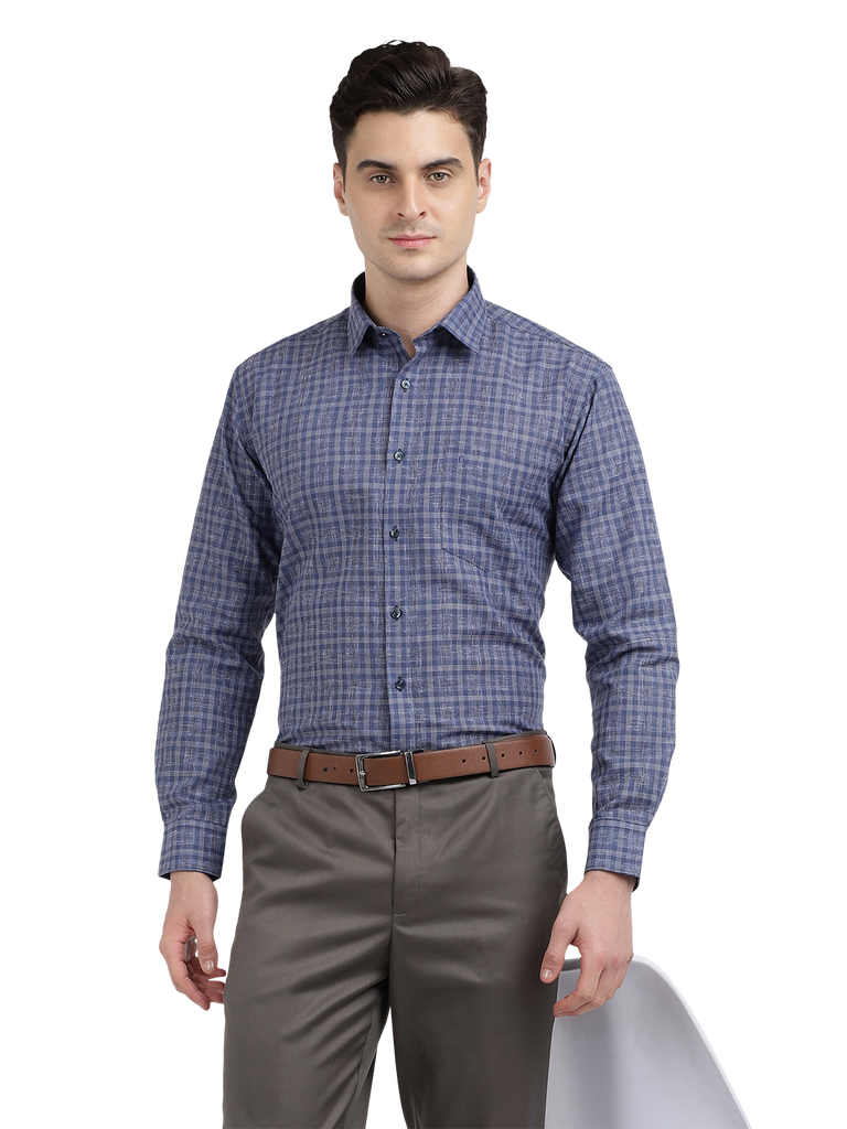 Model wearing Clarke Gable's Navy Checked Formal Shirt in a casual setting