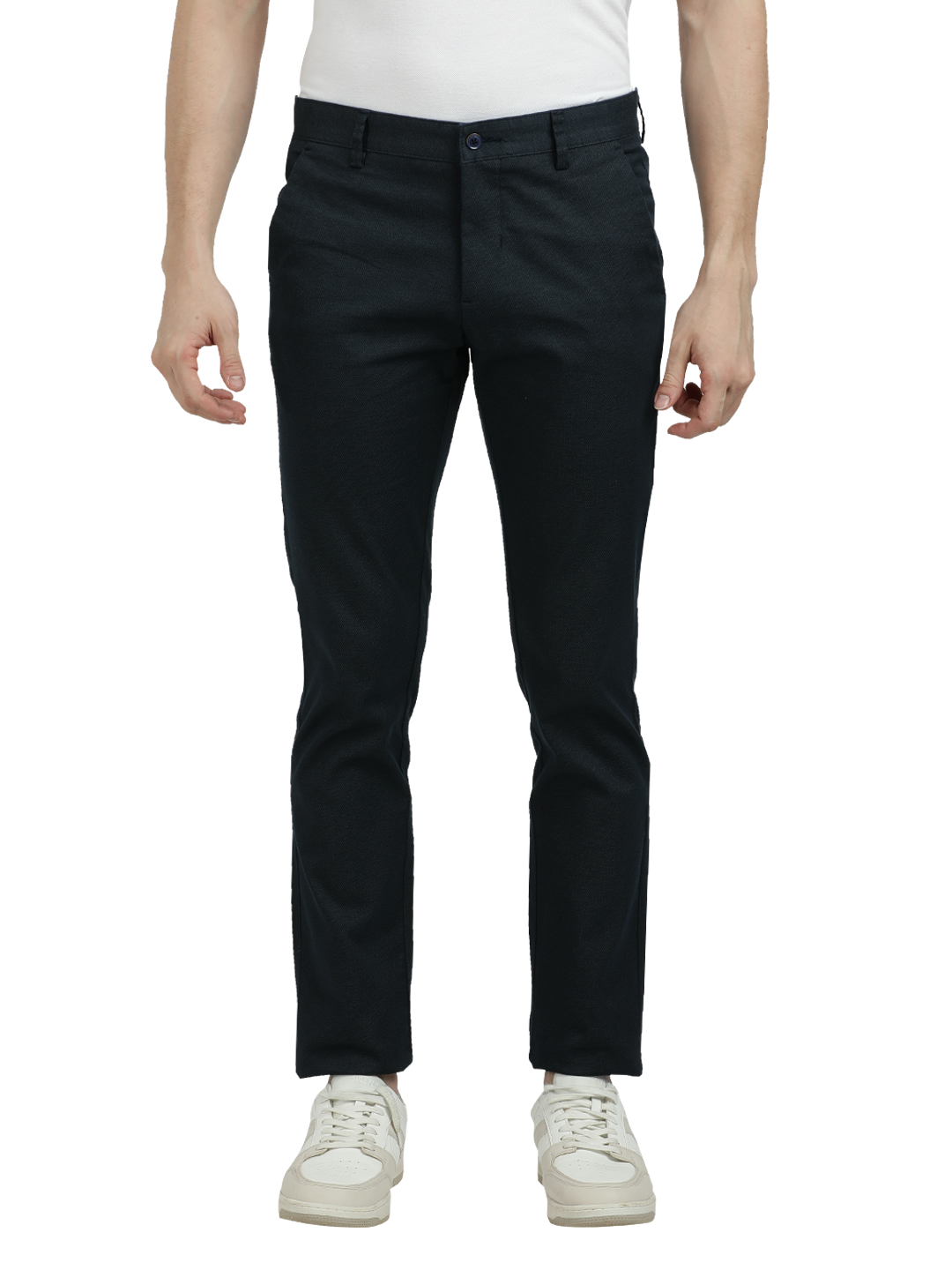 Model wearing Clarke Gable's Navy Custom Fit Trousers in a casual setting