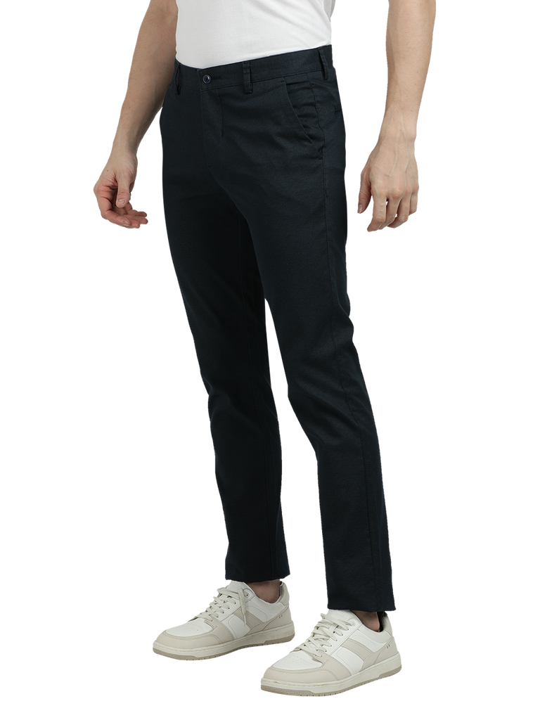 Model wearing Clarke Gable's Navy Custom Fit Trousers in a casual setting