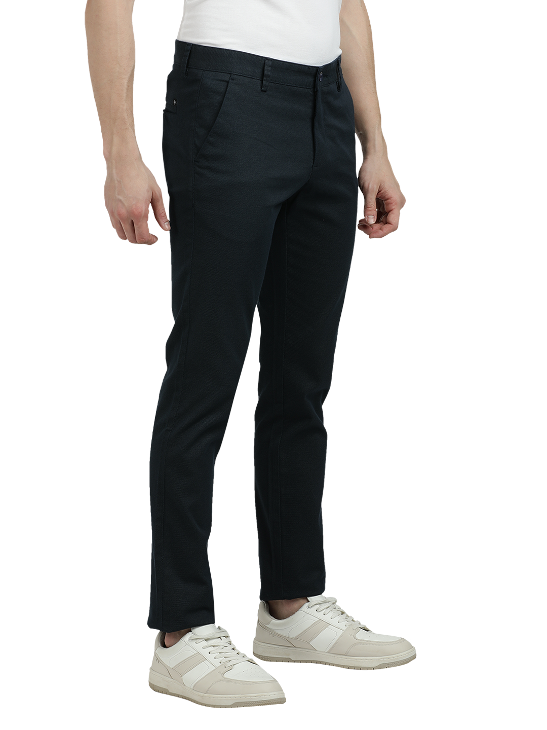 Model wearing Clarke Gable's Navy Custom Fit Trousers in a casual setting