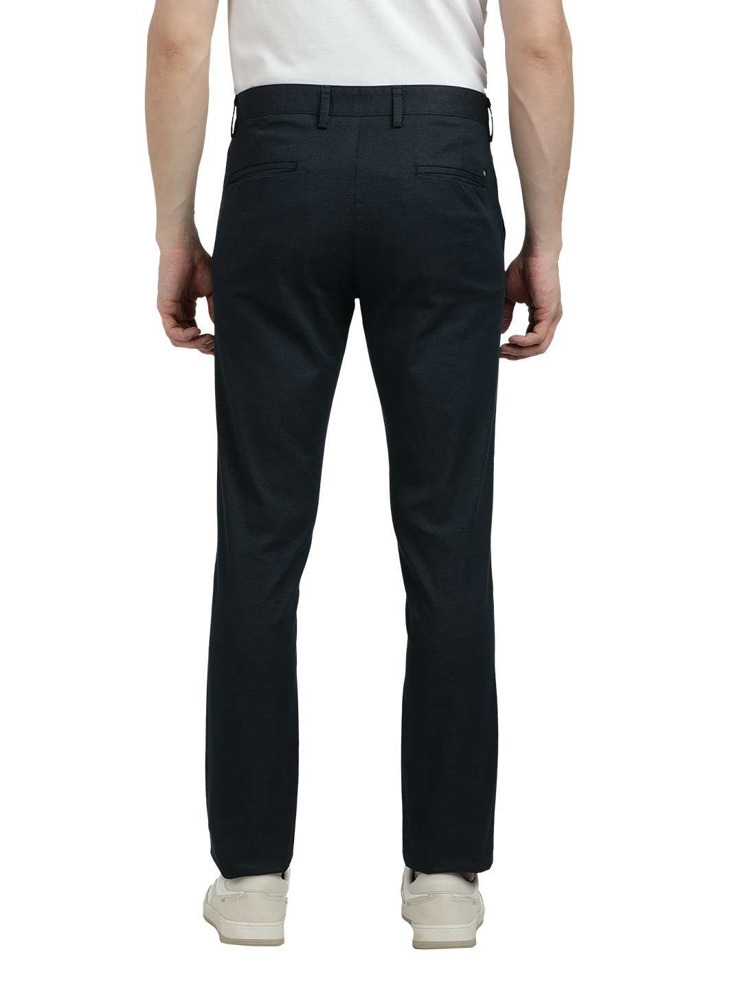 Model wearing Clarke Gable's Navy Custom Fit Trousers in a casual setting