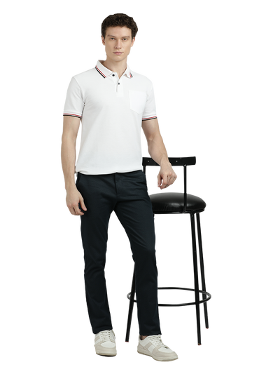 Model wearing Clarke Gable's Navy Custom Fit Trousers in a casual setting