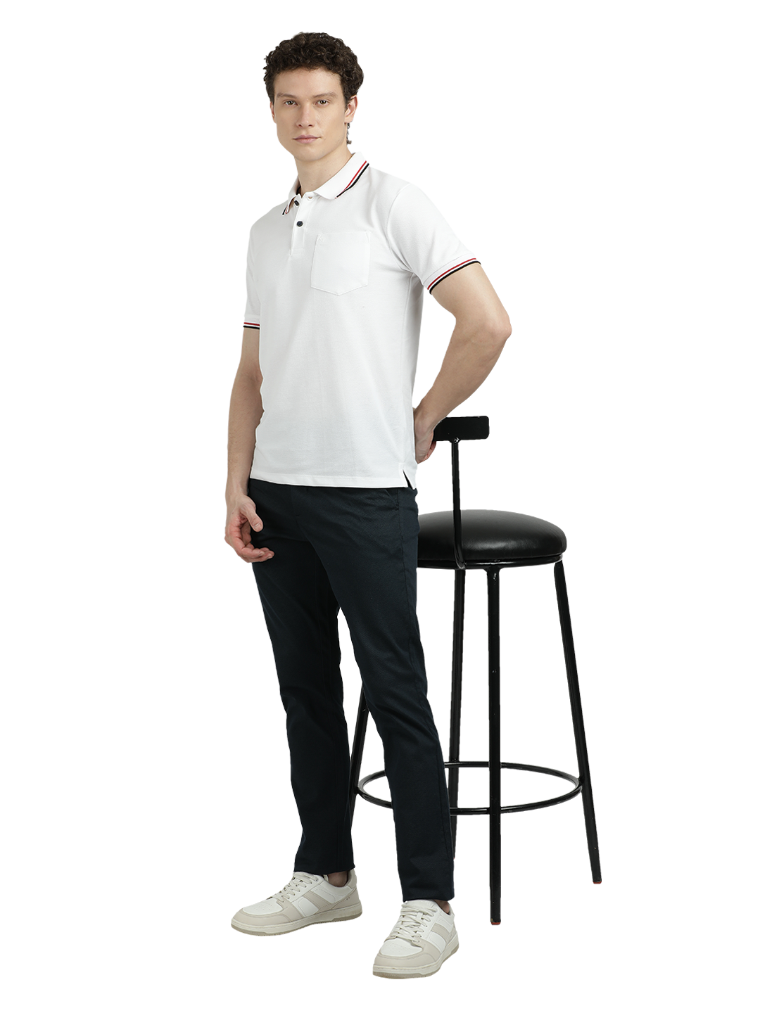 Model wearing Clarke Gable's Navy Custom Fit Trousers in a casual setting