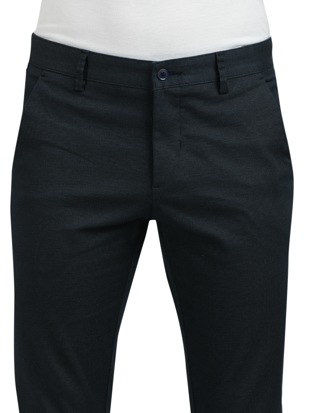 Model wearing Clarke Gable's Navy Custom Fit Trousers in a casual setting