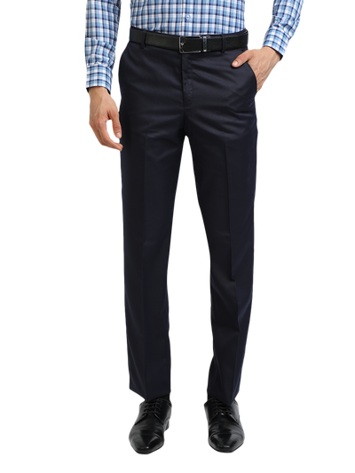 Model wearing Clarke Gable's Navy Smart Fit Trousers in a casual setting