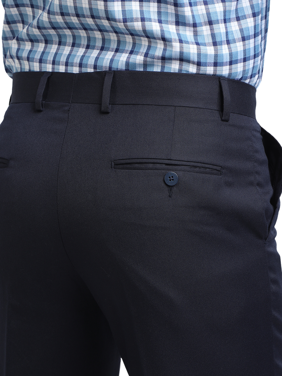 Model wearing Clarke Gable's Navy Smart Fit Trousers in a casual setting