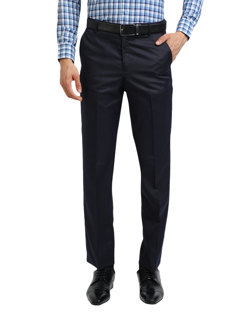 Model wearing Clarke Gable's Navy Smart Fit Trousers in a casual setting