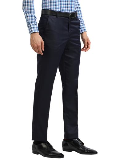 Model wearing Clarke Gable's Navy Smart Fit Trousers in a casual setting