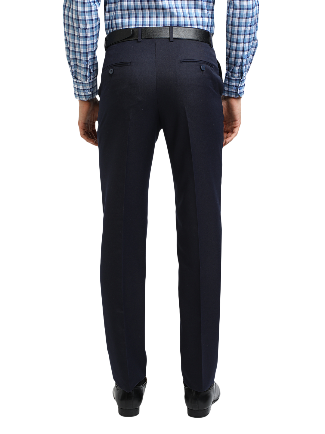 Model wearing Clarke Gable's Navy Smart Fit Trousers in a casual setting