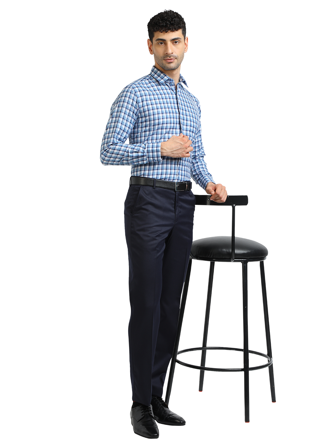 Model wearing Clarke Gable's Navy Smart Fit Trousers in a casual setting