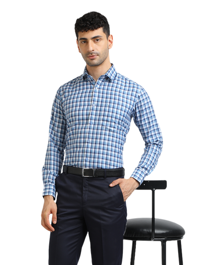 Model wearing Clarke Gable's Navy Smart Fit Trousers in a casual setting