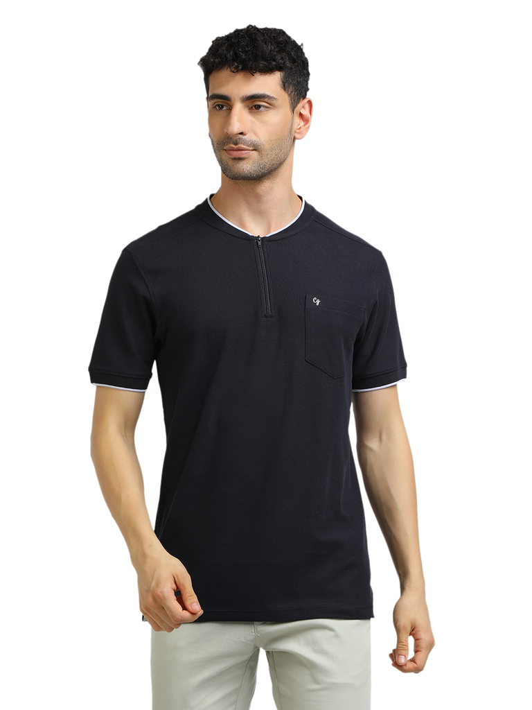 Model wearing Clarke Gable's Navy Solid Henley Neck T-Shirt in a casual setting