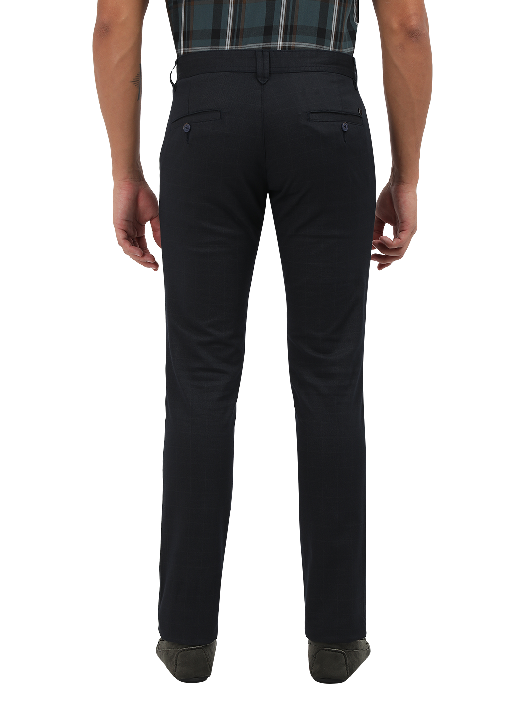 Model wearing Clarke Gable's Navy Trim Fit Trousers in a casual setting