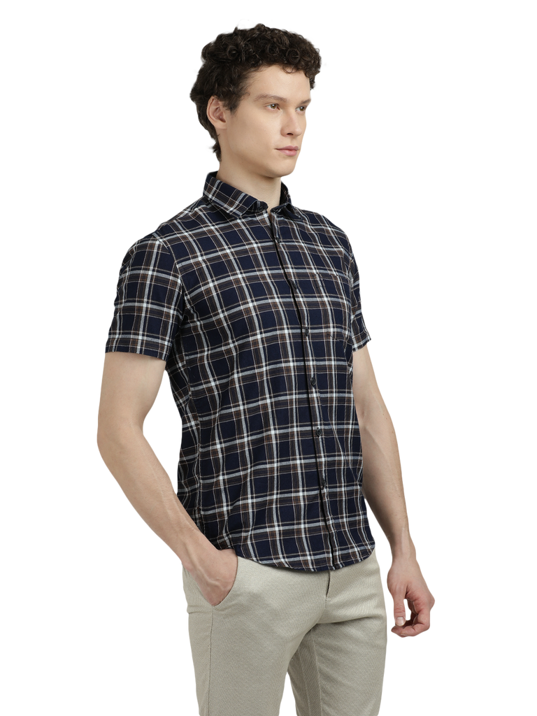 Model wearing Clarke Gable's Navy With Black Checked Semi Casual Shirt in a casual setting