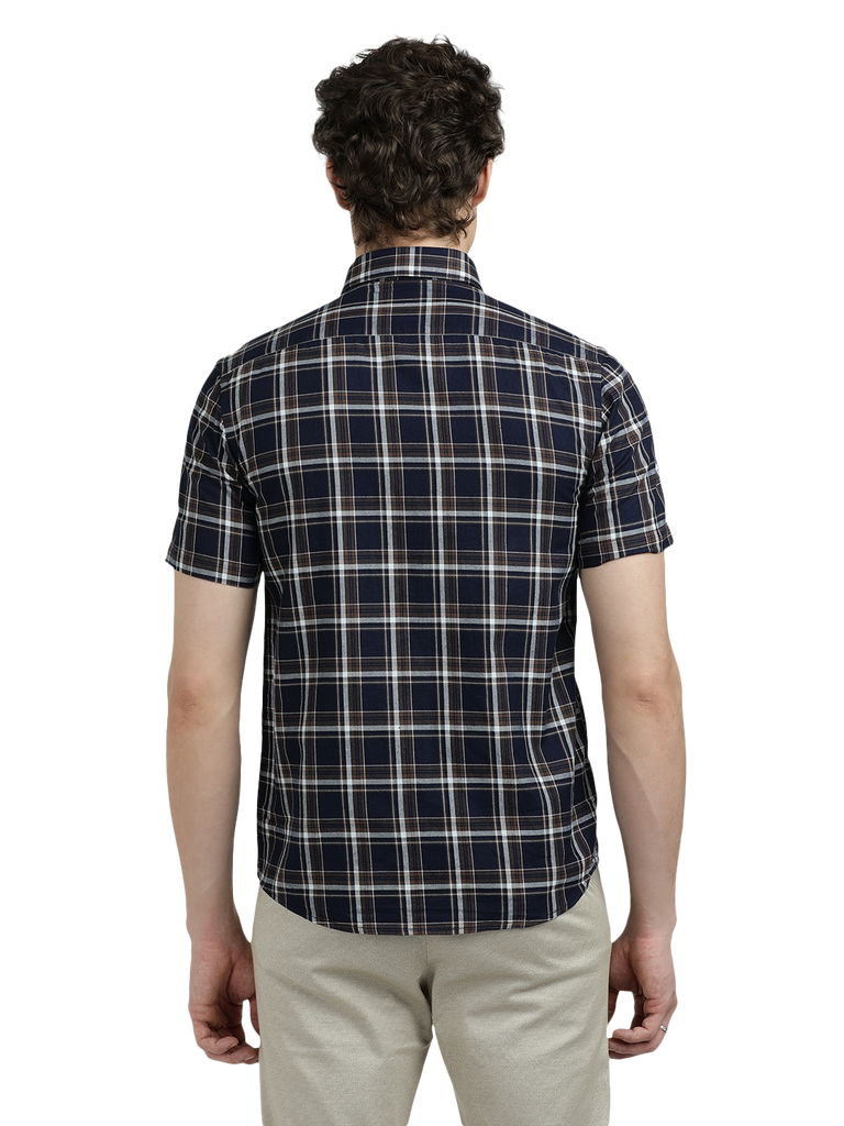 Model wearing Clarke Gable's Navy With Black Checked Semi Casual Shirt in a casual setting