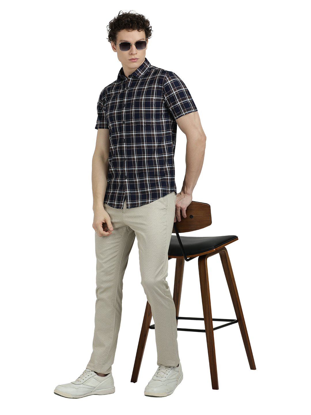 Model wearing Clarke Gable's Navy With Black Checked Semi Casual Shirt in a casual setting