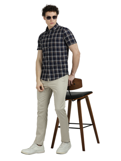 Model wearing Clarke Gable's Navy With Black Checked Semi Casual Shirt in a casual setting