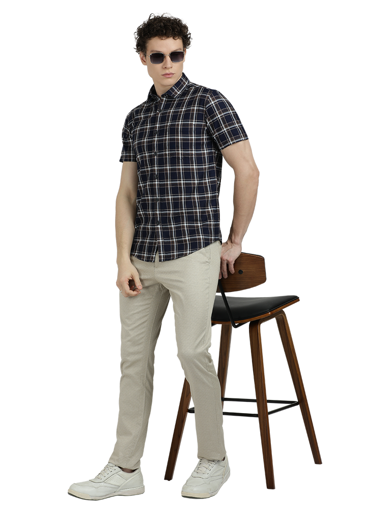 Model wearing Clarke Gable's Navy With Black Checked Semi Casual Shirt in a casual setting