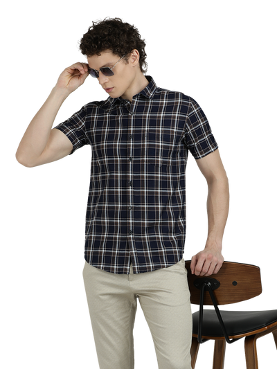Model wearing Clarke Gable's Navy With Black Checked Semi Casual Shirt in a casual setting