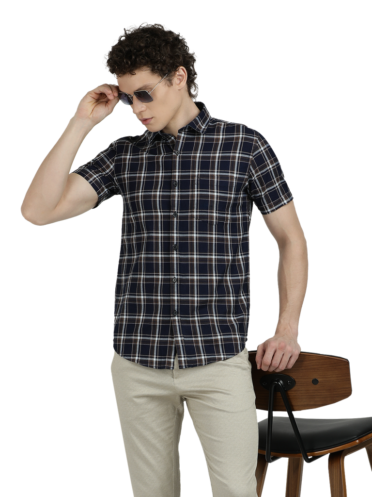 Model wearing Clarke Gable's Navy With Black Checked Semi Casual Shirt in a casual setting