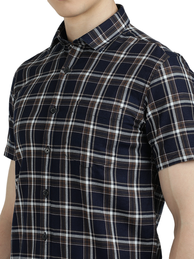 Model wearing Clarke Gable's Navy With Black Checked Semi Casual Shirt in a casual setting