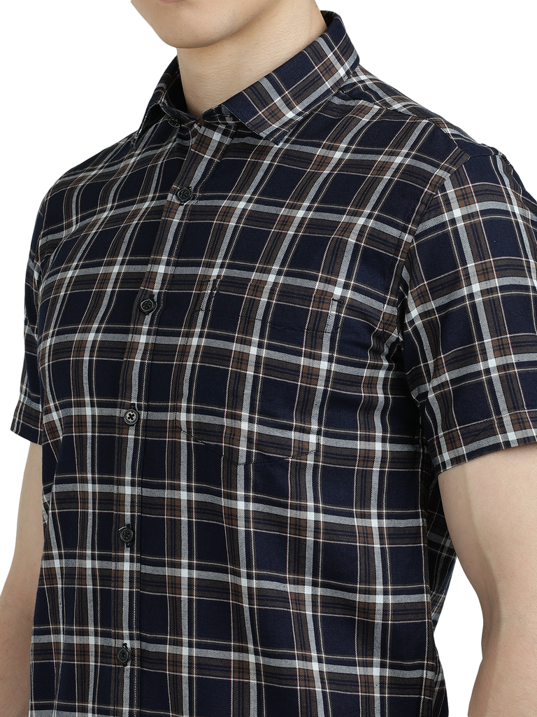 Model wearing Clarke Gable's Navy With Black Checked Semi Casual Shirt in a casual setting