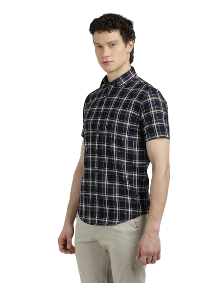 Model wearing Clarke Gable's Navy With Black Checked Semi Casual Shirt in a casual setting