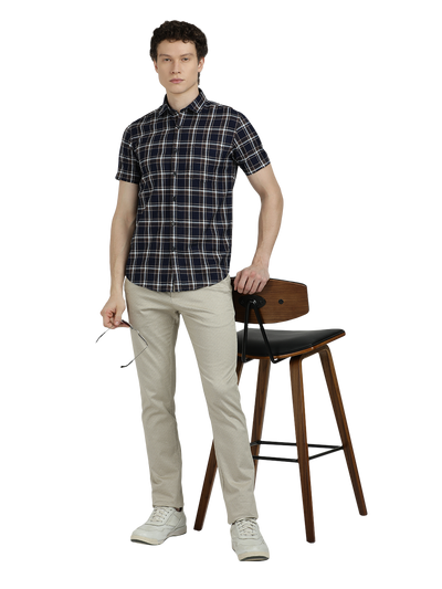 Model wearing Clarke Gable's Navy With Black Checked Semi Casual Shirt in a casual setting