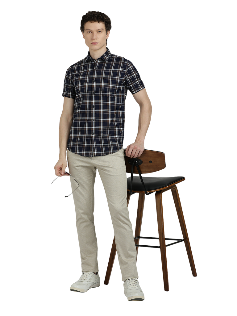 Model wearing Clarke Gable's Navy With Black Checked Semi Casual Shirt in a casual setting