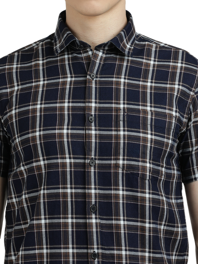 Model wearing Clarke Gable's Navy With Black Checked Semi Casual Shirt in a casual setting