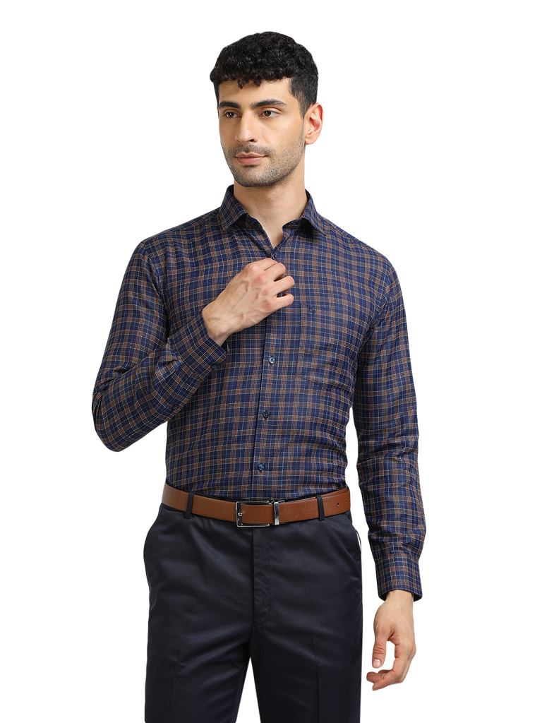 Model wearing Clarke Gable's Navy With Brown Checked Formal Shirt in a casual setting