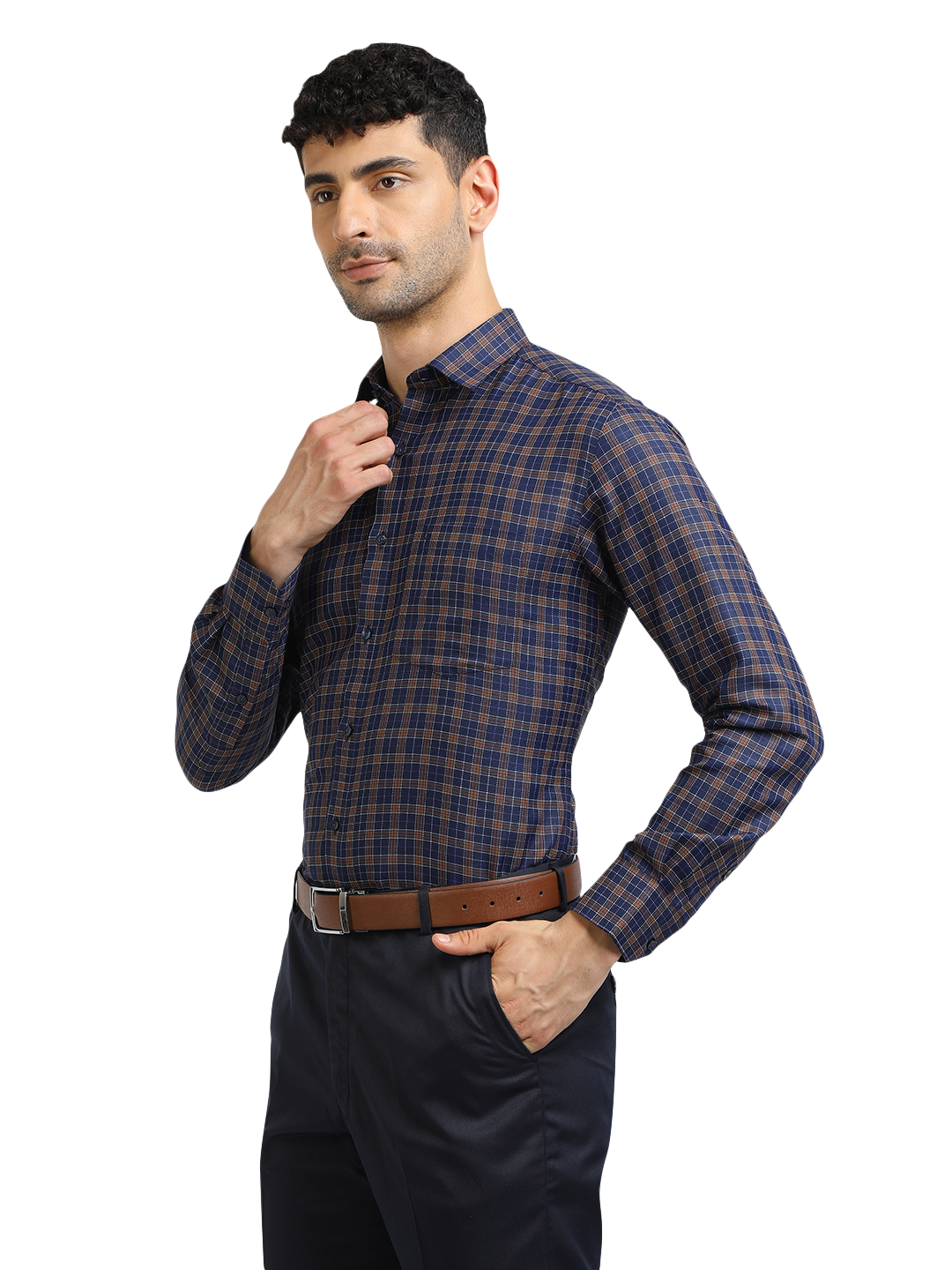 Model wearing Clarke Gable's Navy With Brown Checked Formal Shirt in a casual setting