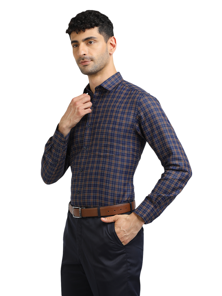 Model wearing Clarke Gable's Navy With Brown Checked Formal Shirt in a casual setting