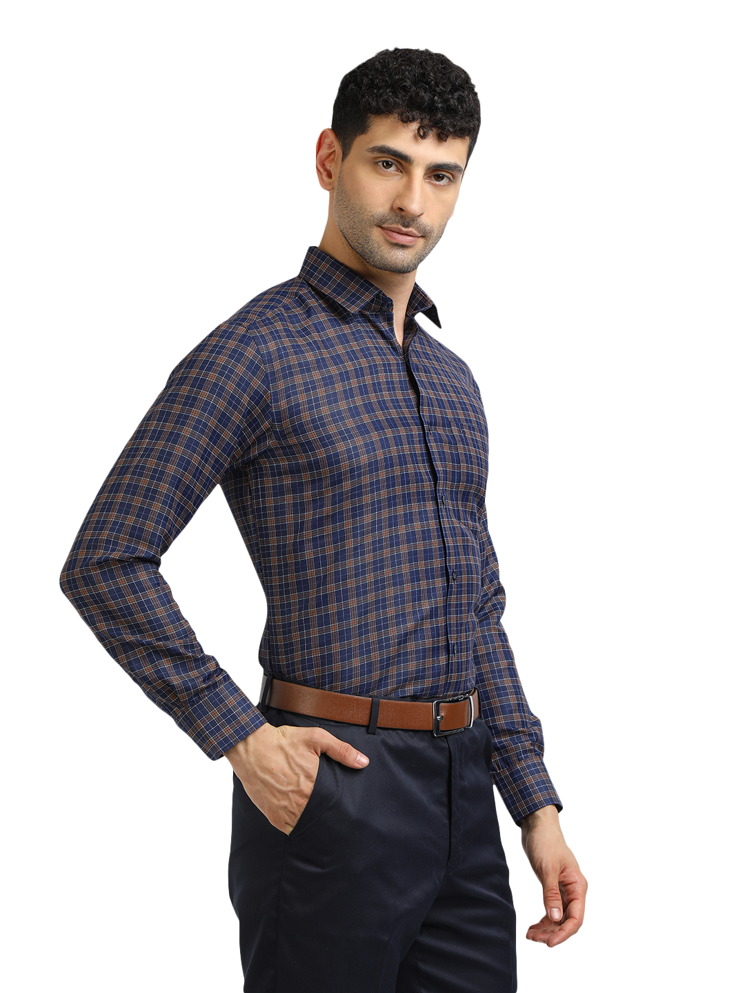 Model wearing Clarke Gable's Navy With Brown Checked Formal Shirt in a casual setting