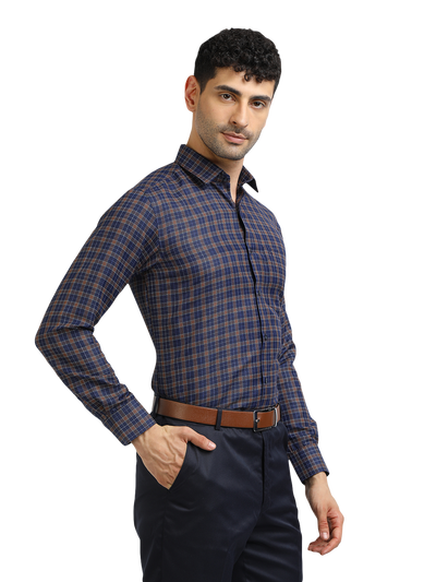 Model wearing Clarke Gable's Navy With Brown Checked Formal Shirt in a casual setting