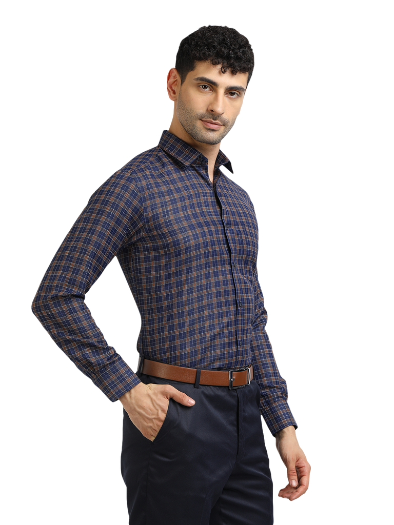 Model wearing Clarke Gable's Navy With Brown Checked Formal Shirt in a casual setting