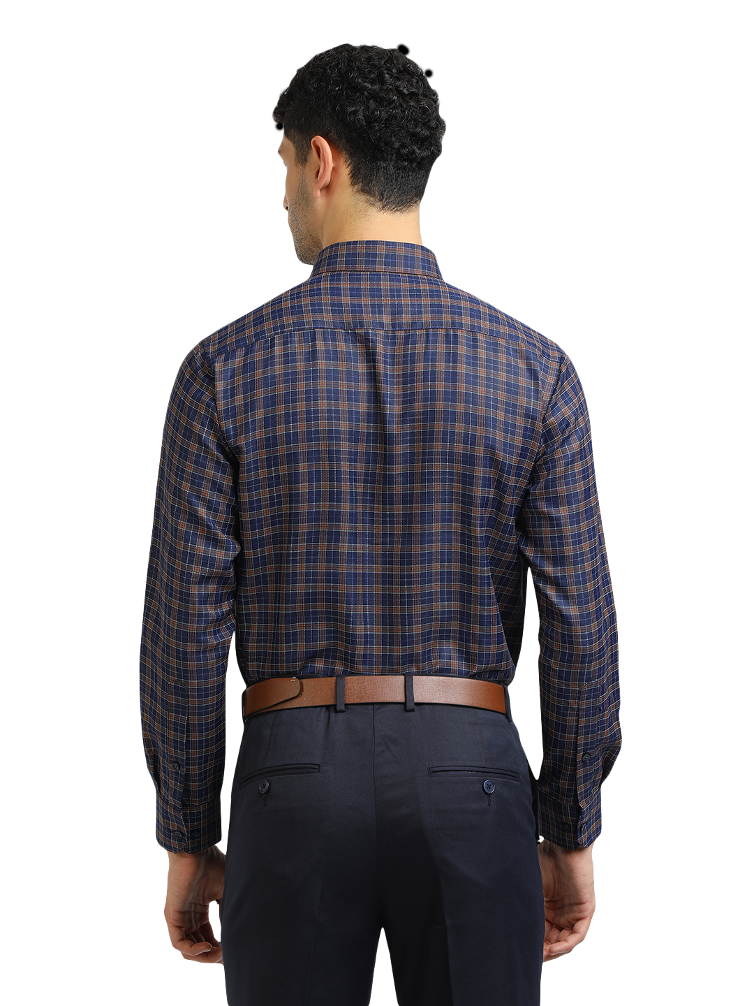 Model wearing Clarke Gable's Navy With Brown Checked Formal Shirt in a casual setting