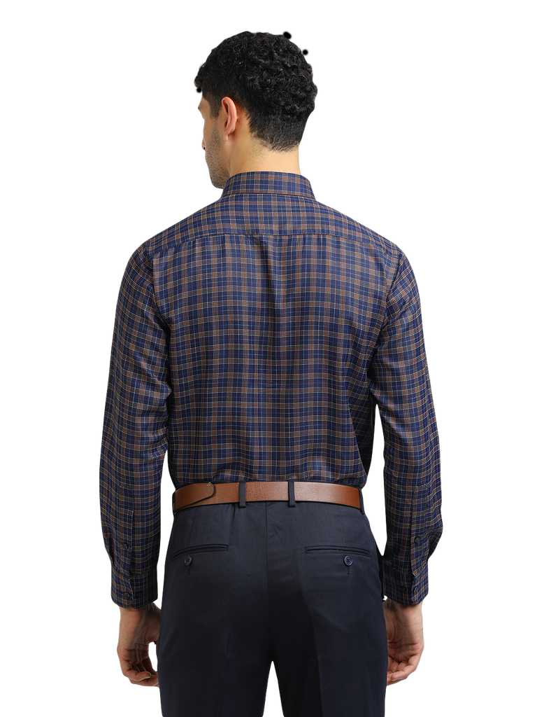 Model wearing Clarke Gable's Navy With Brown Checked Formal Shirt in a casual setting