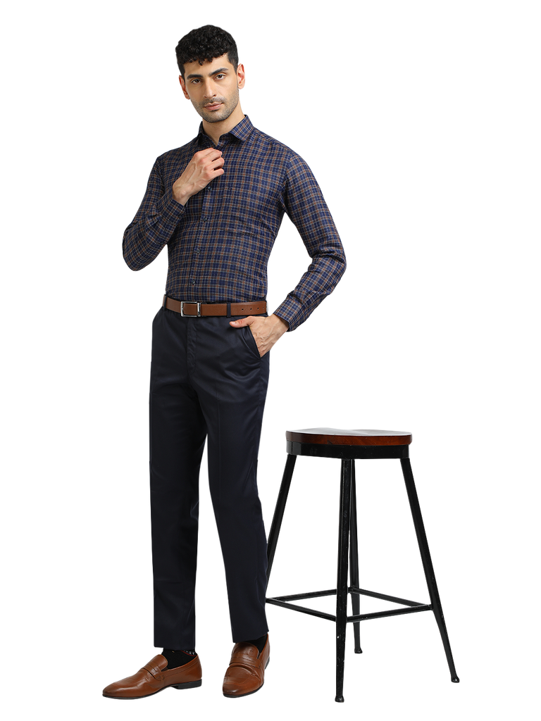 Model wearing Clarke Gable's Navy With Brown Checked Formal Shirt in a casual setting