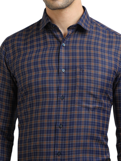 Model wearing Clarke Gable's Navy With Brown Checked Formal Shirt in a casual setting