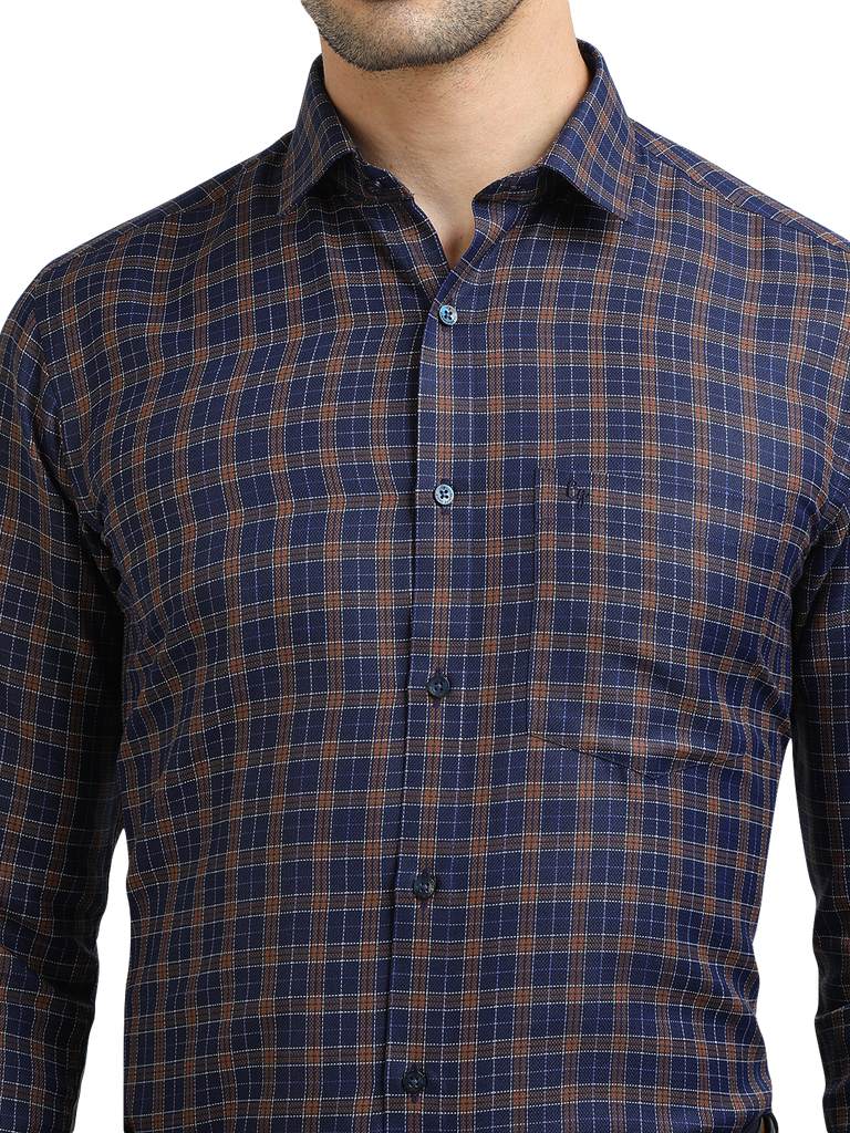 Model wearing Clarke Gable's Navy With Brown Checked Formal Shirt in a casual setting